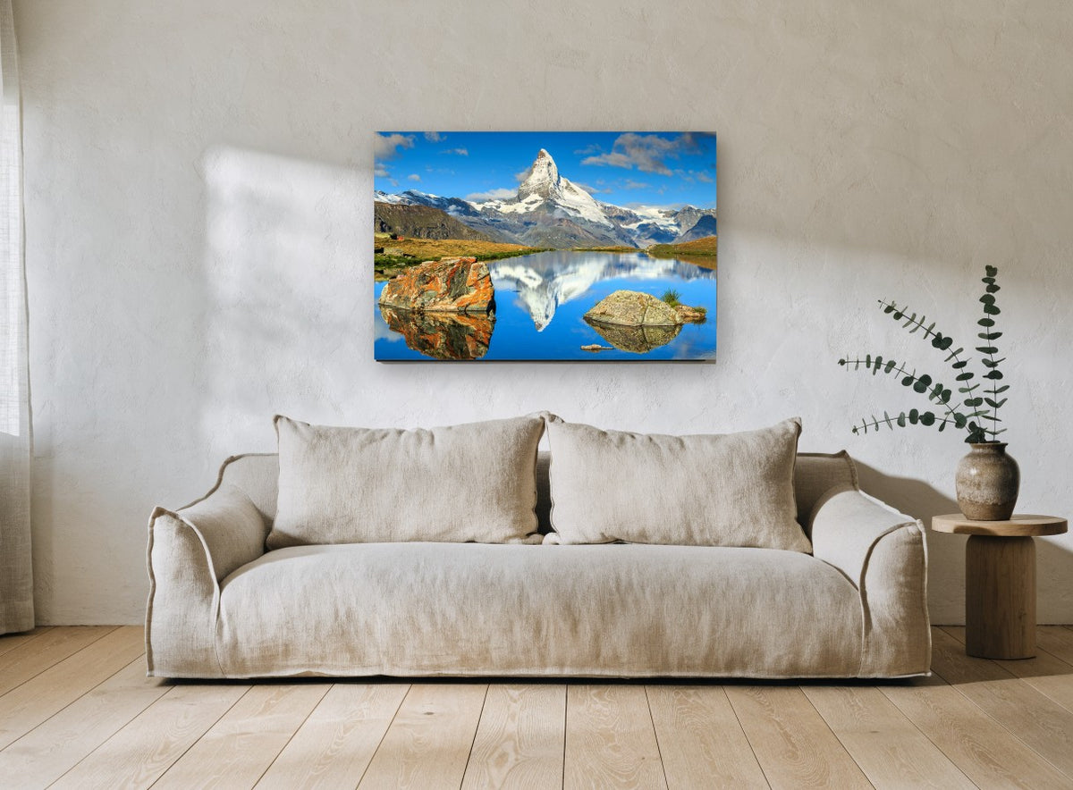 Peak in the Still Water landscape canvas print on the wall of a living room