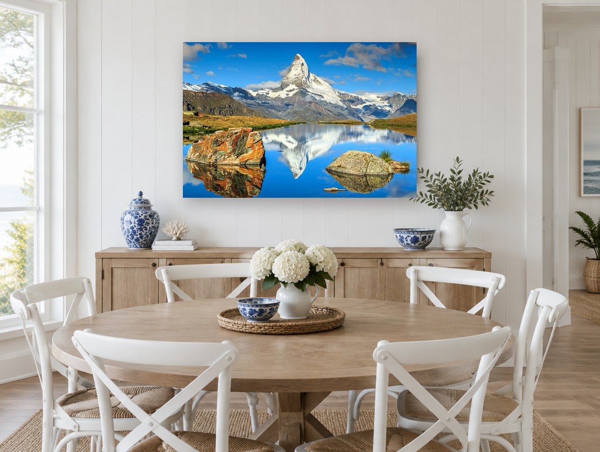 Peak in the Still Water landscape canvas print on the wall of a Hamptons dining room