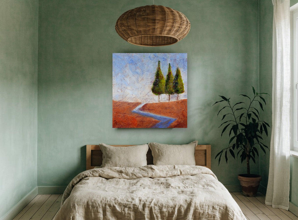 Three Trees Blue Creek landscape canvas print on the wall of a bedroom