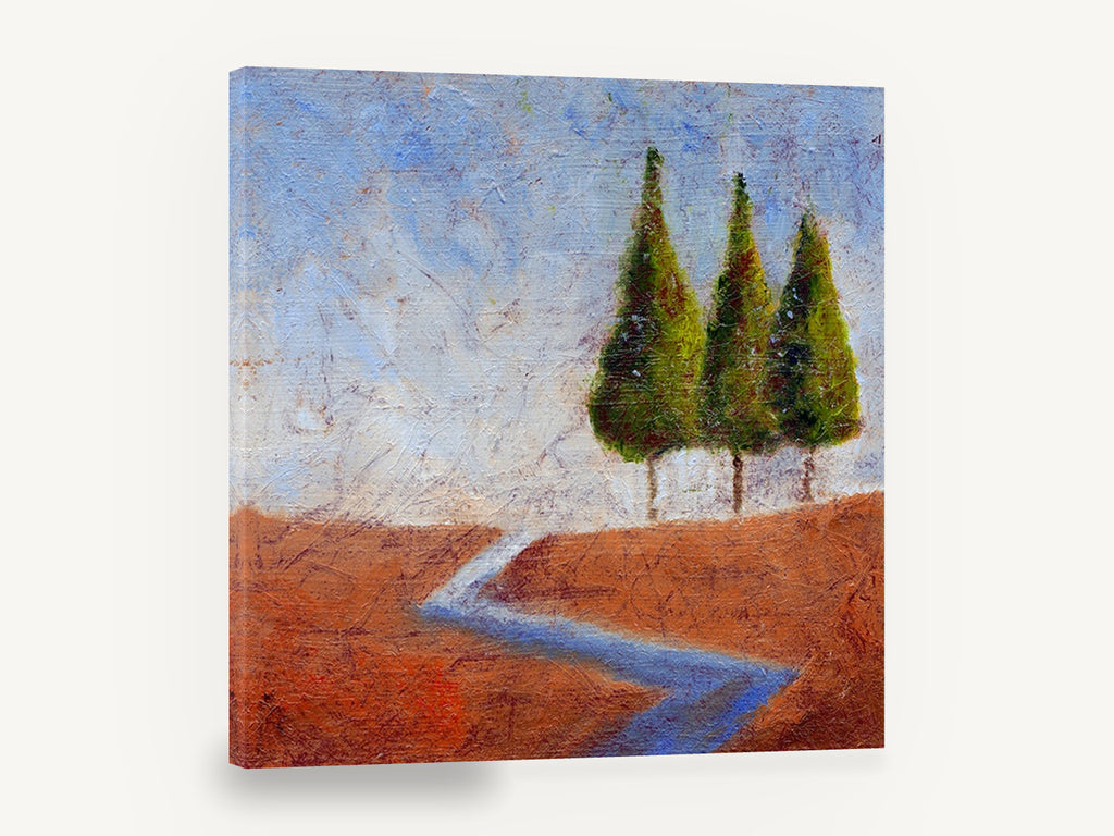 Three Trees Blue Creek, three green trees rust landscape painting, landscape canvas wall art print ready to hang