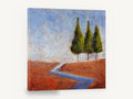 Three Trees Blue Creek, three green trees rust landscape painting, landscape canvas wall art print ready to hang