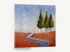 Three Trees Blue Creek, three green trees rust landscape painting, landscape canvas wall art print ready to hang
