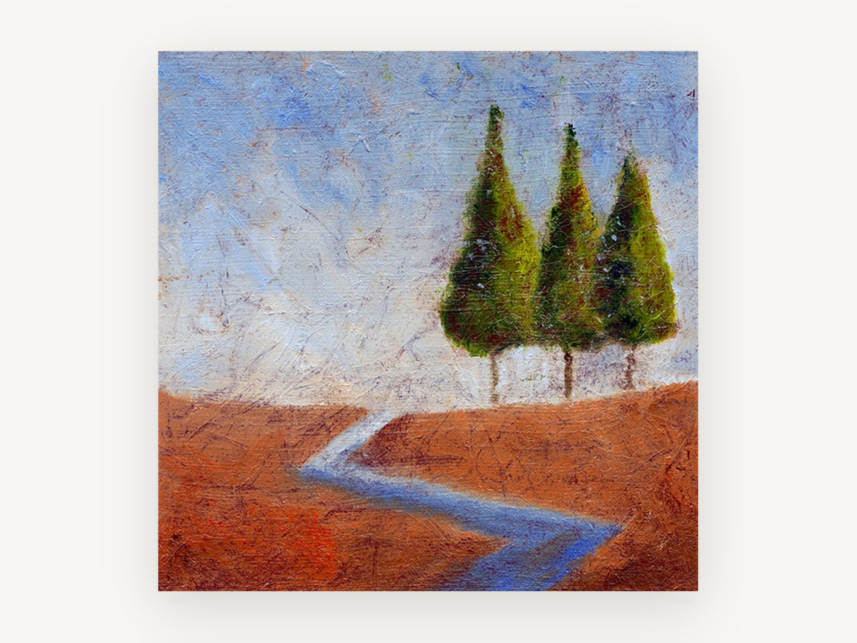 Three Trees Blue Creek, three green trees rust landscape painting, landscape canvas wall art print, front view