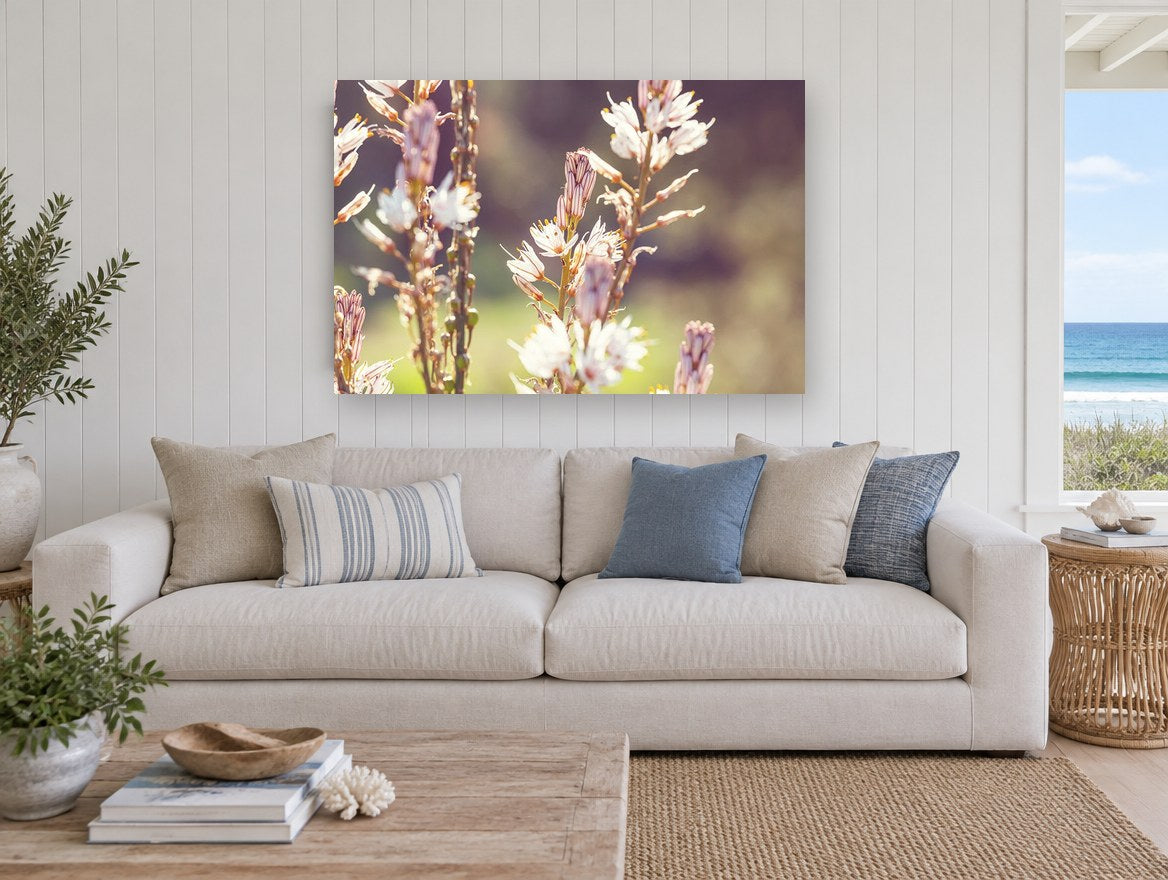 Backlit Asphodel Spires floral canvas print on the wall of a beach house living room
