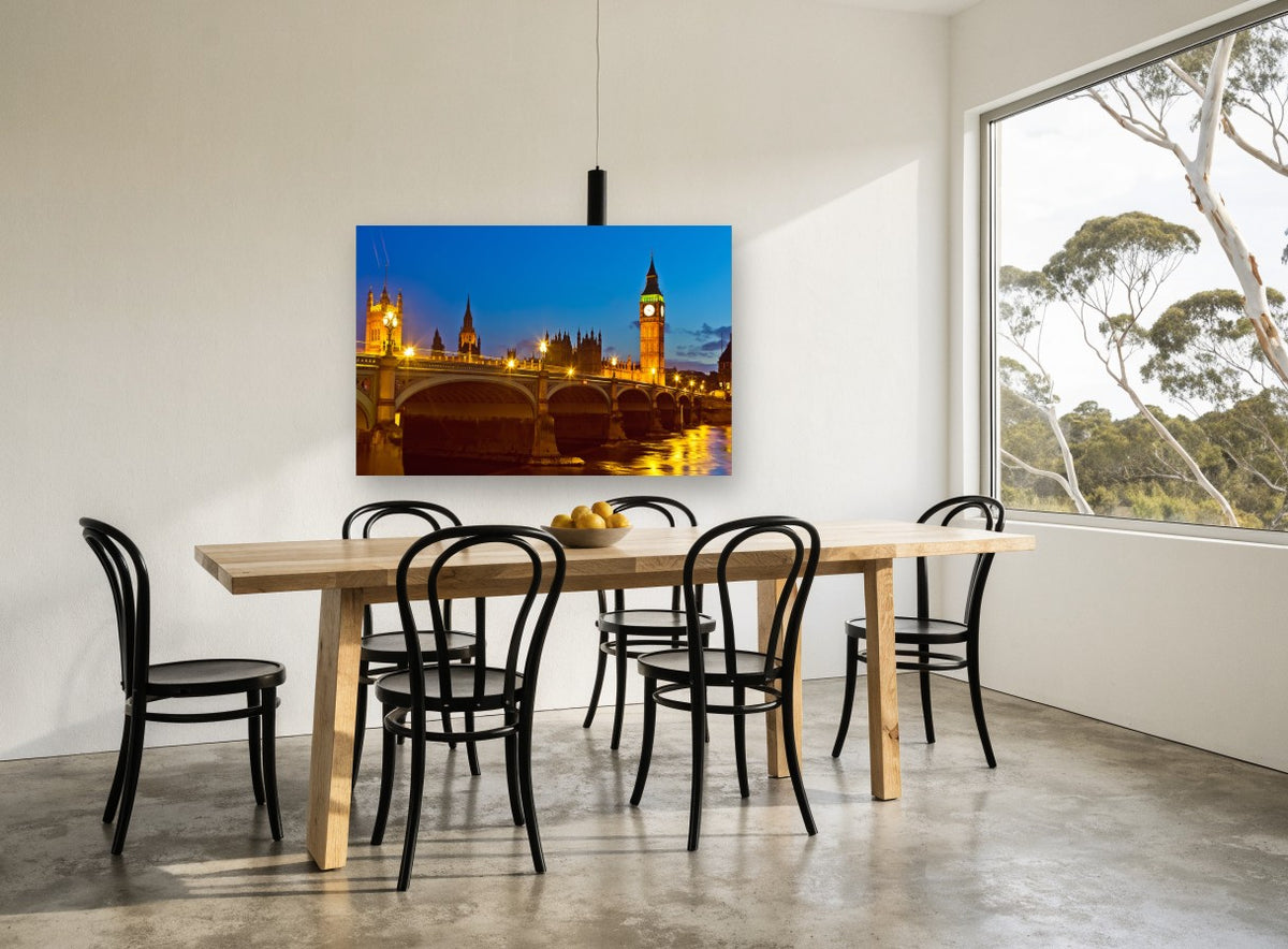 Westminster Bridge Blue Hour city canvas print on the wall of a dining room