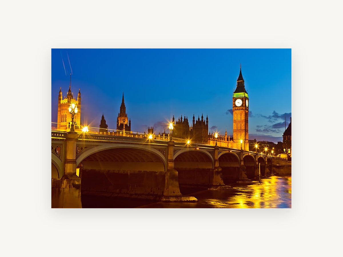 Westminster Bridge Blue Hour, westminster bridge and big ben at dusk, city canvas wall art print, front view