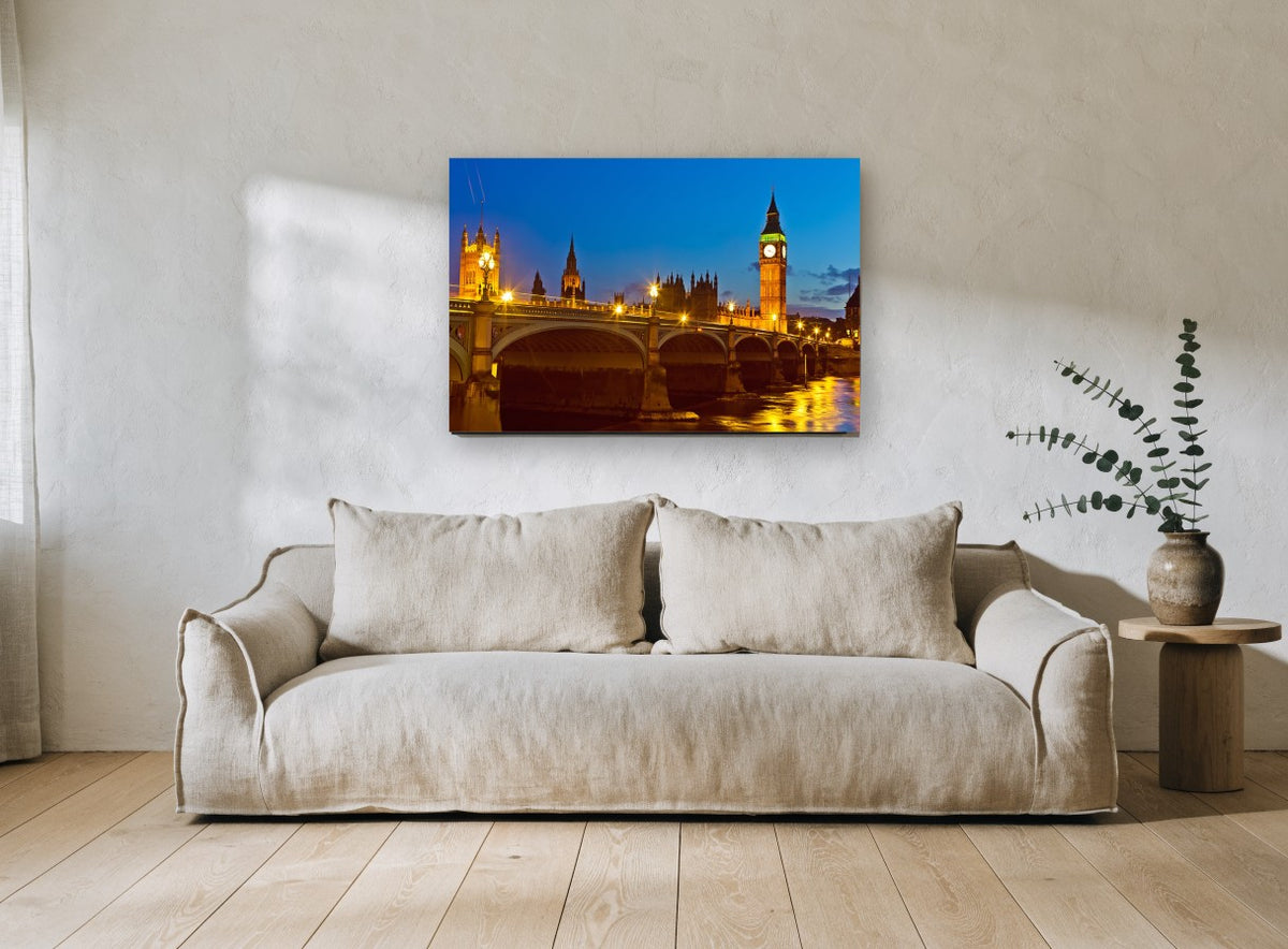 Westminster Bridge Blue Hour city canvas print on the wall of a living room