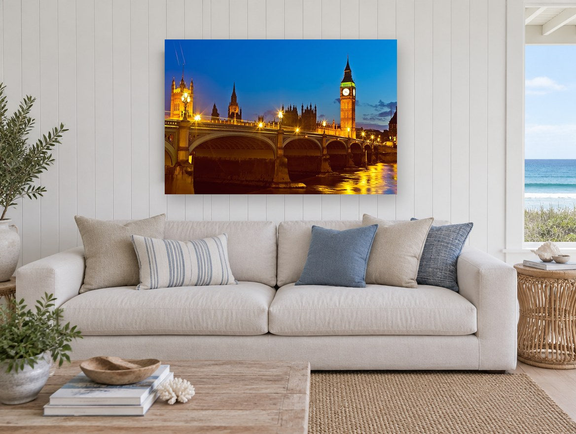 Westminster Bridge Blue Hour city canvas print on the wall of a beach house living room