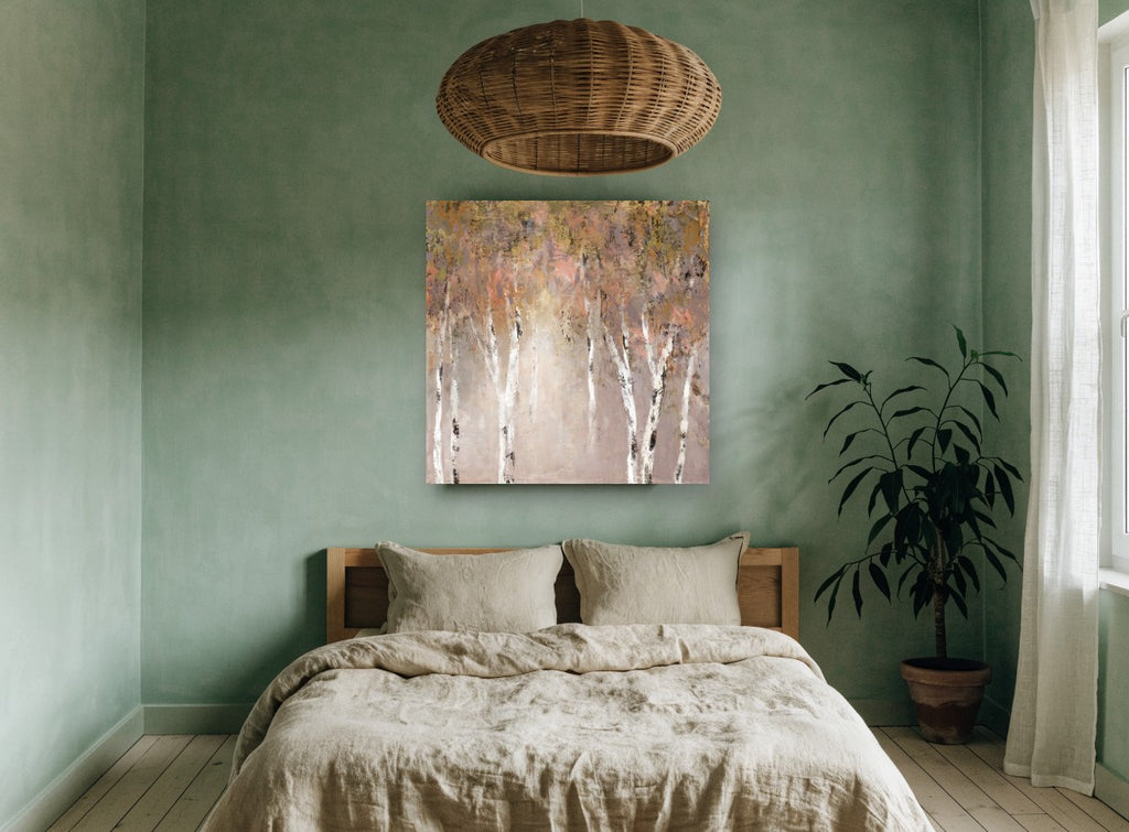 Blush Birch Glow landscape canvas print on the wall of a bedroom