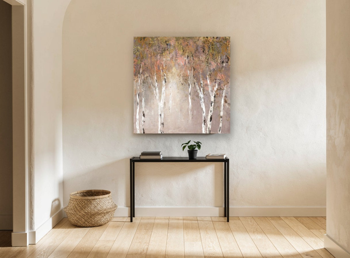 Blush Birch Glow landscape canvas print on the wall of a hallway