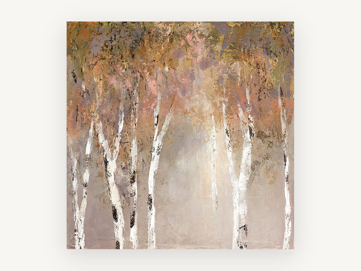 Mauve Mist Birches, autumn birch trees abstract landscape, landscape canvas wall art print, front view