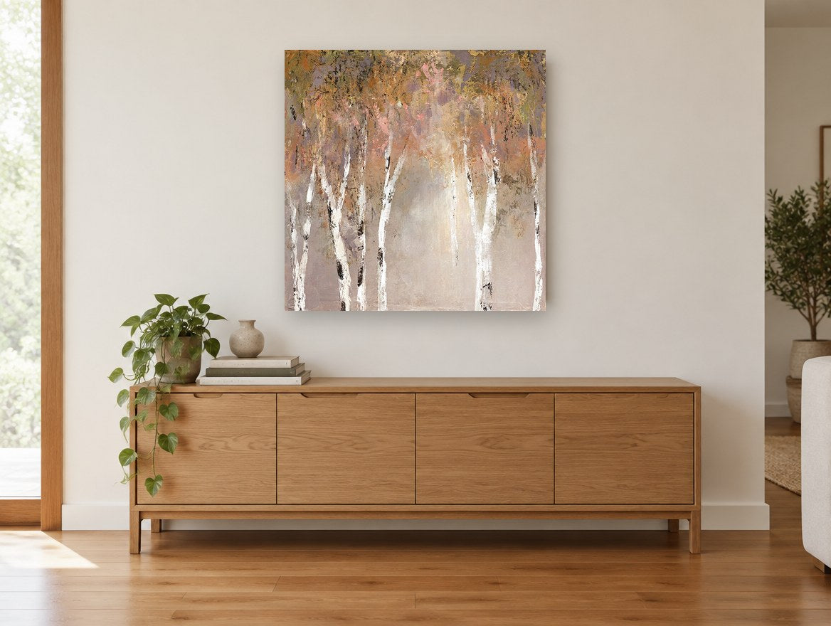Mauve Mist Birches landscape canvas print on the wall of a living room above a sideboard