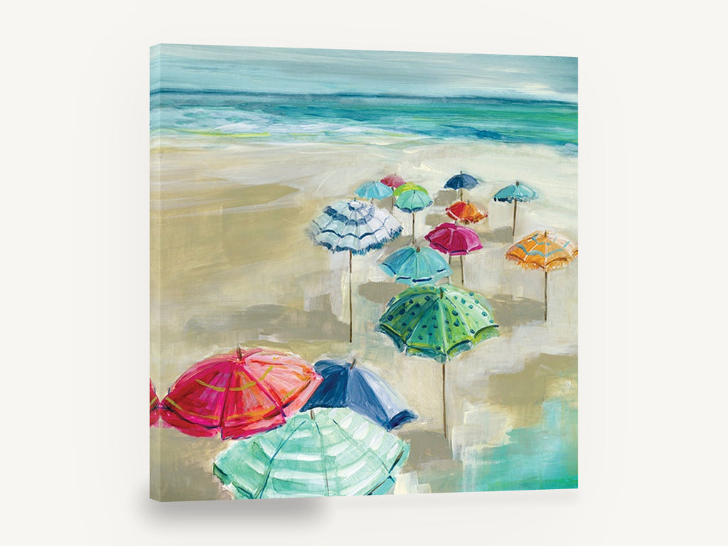 Umbrellas on Sandy Shore, beach umbrellas seascape painting, coastal canvas wall art print ready to hang