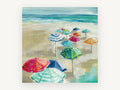 Umbrellas on Sandy Shore, coastal canvas wall art print, front view