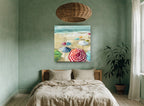 Striped Umbrellas on Sand coastal canvas print on the wall of a bedroom