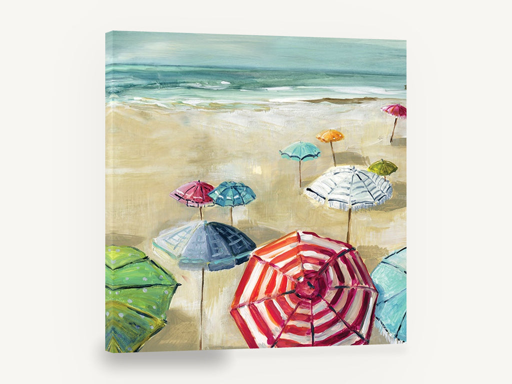 Striped Umbrellas on Sand, beach umbrellas painterly seascape, coastal canvas wall art print ready to hang