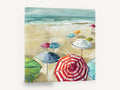 Striped Umbrellas on Sand, beach umbrellas painterly seascape, coastal canvas wall art print ready to hang