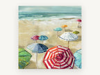 Striped Umbrellas on Sand, coastal canvas wall art print, front view