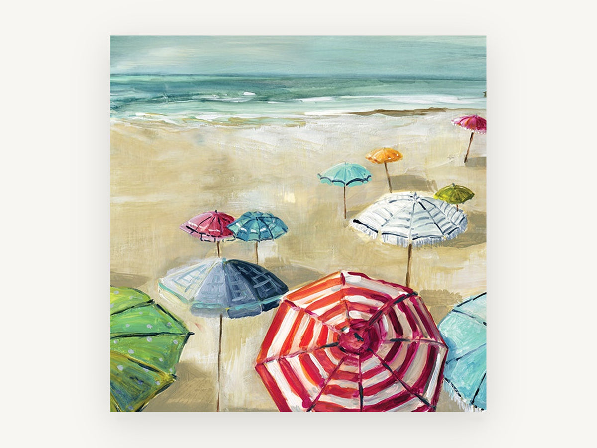 Striped Umbrellas on Sand, coastal canvas wall art print, front view