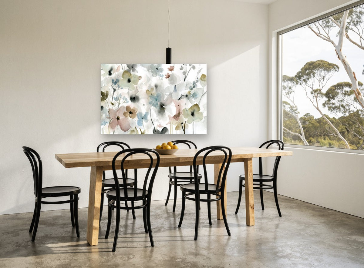 Soft Meadow Washes floral canvas print on the wall of a dining room