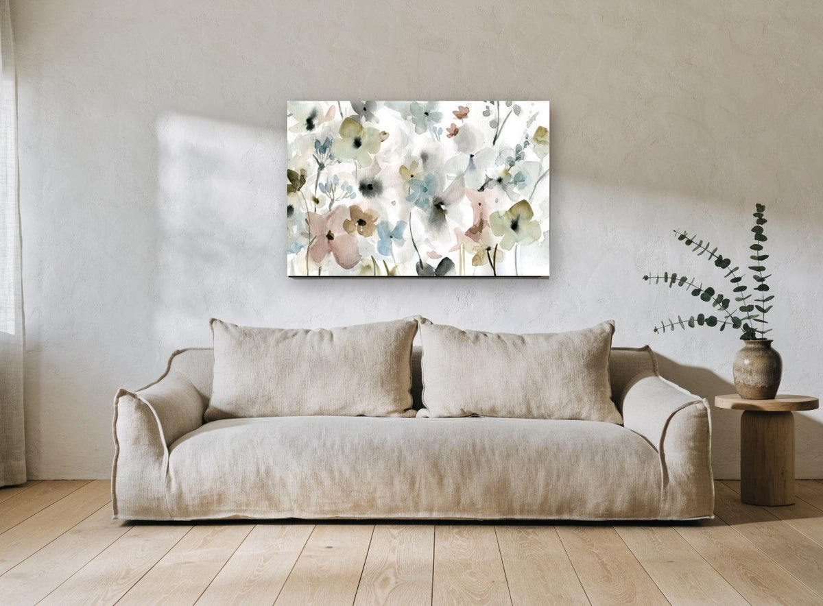 Soft Meadow Washes floral canvas print on the wall of a living room