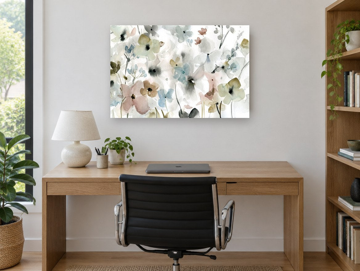 Soft Meadow Washes floral canvas print on the wall of a study