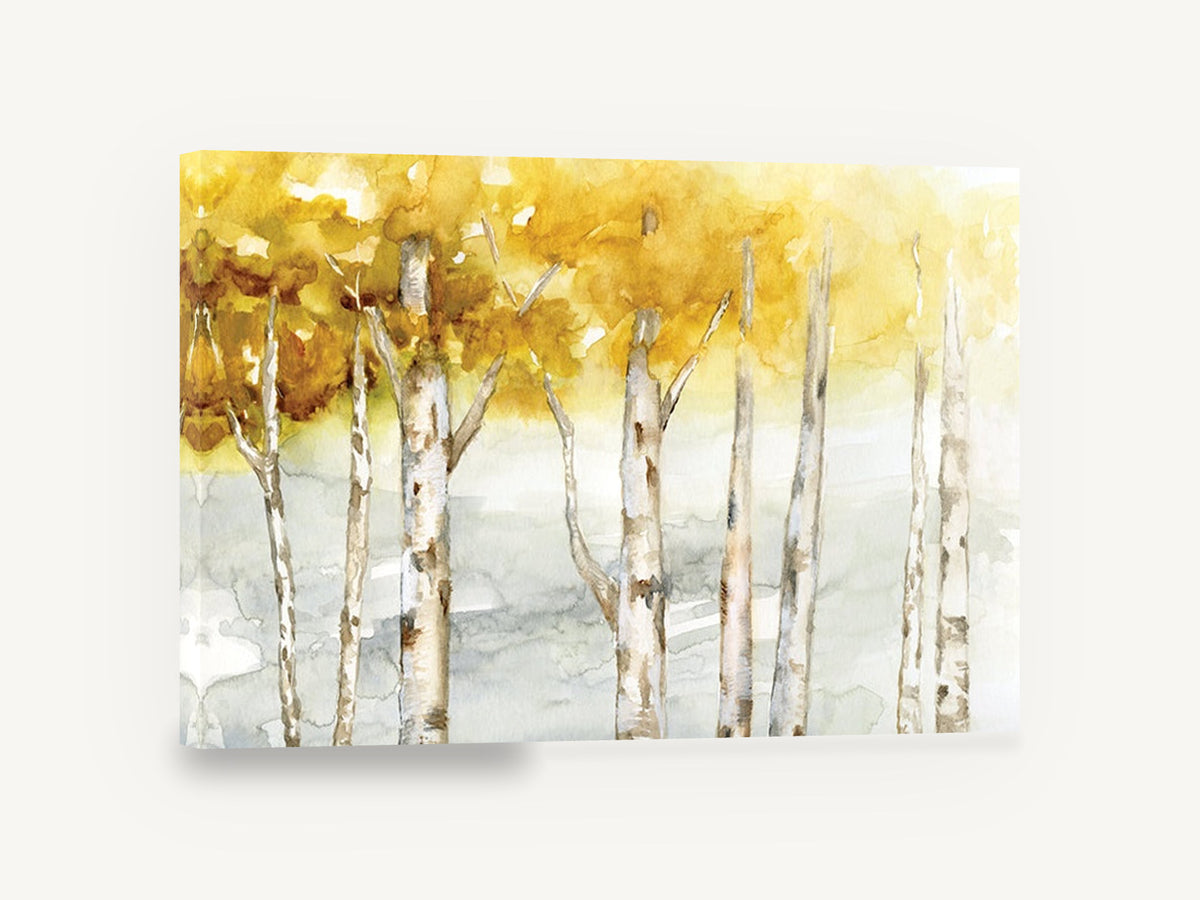 Honeyed Birch Grove, golden birch trees watercolour landscape, landscape canvas wall art print ready to hang