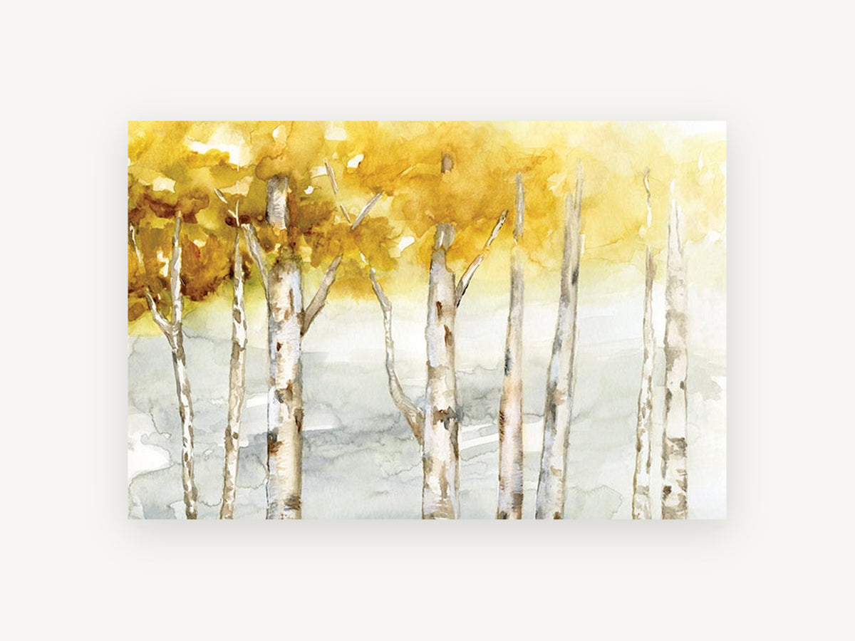 Honeyed Birch Grove, golden birch trees watercolour landscape, landscape canvas wall art print, front view