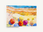 Sunlit Umbrella Shore, beach umbrellas watercolour seascape, coastal canvas wall art print ready to hang
