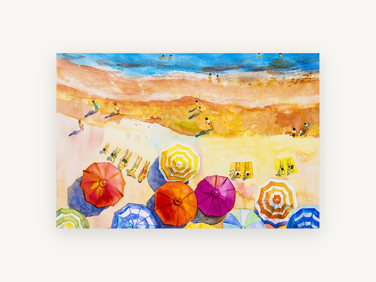 Sunlit Umbrella Shore, coastal canvas wall art print, front view