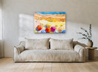 Sunlit Umbrella Shore coastal canvas print on the wall of a living room