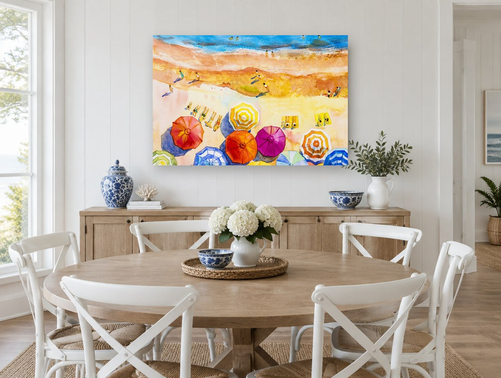 Sunlit Umbrella Shore coastal canvas print on the wall of a Hamptons dining room
