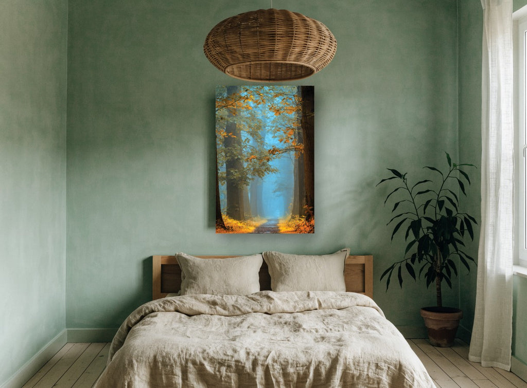 Amber Lane Haze landscape canvas print on the wall of a bedroom