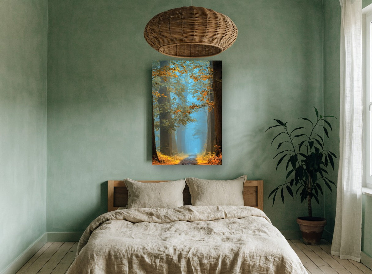 Amber Lane Haze landscape canvas print on the wall of a bedroom