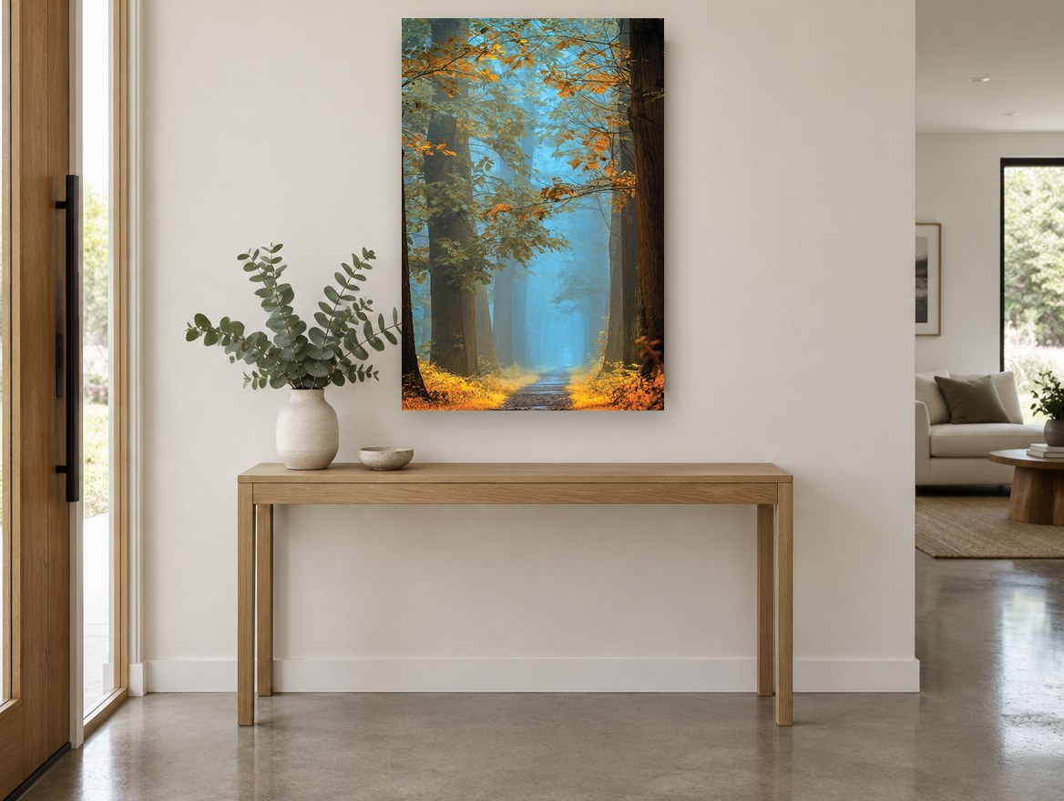 Amber Lane Haze landscape canvas print on the wall of a entry hall