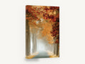 Crimson Fog Avenue, misty autumn tree lined road photograph, landscape canvas wall art print ready to hang