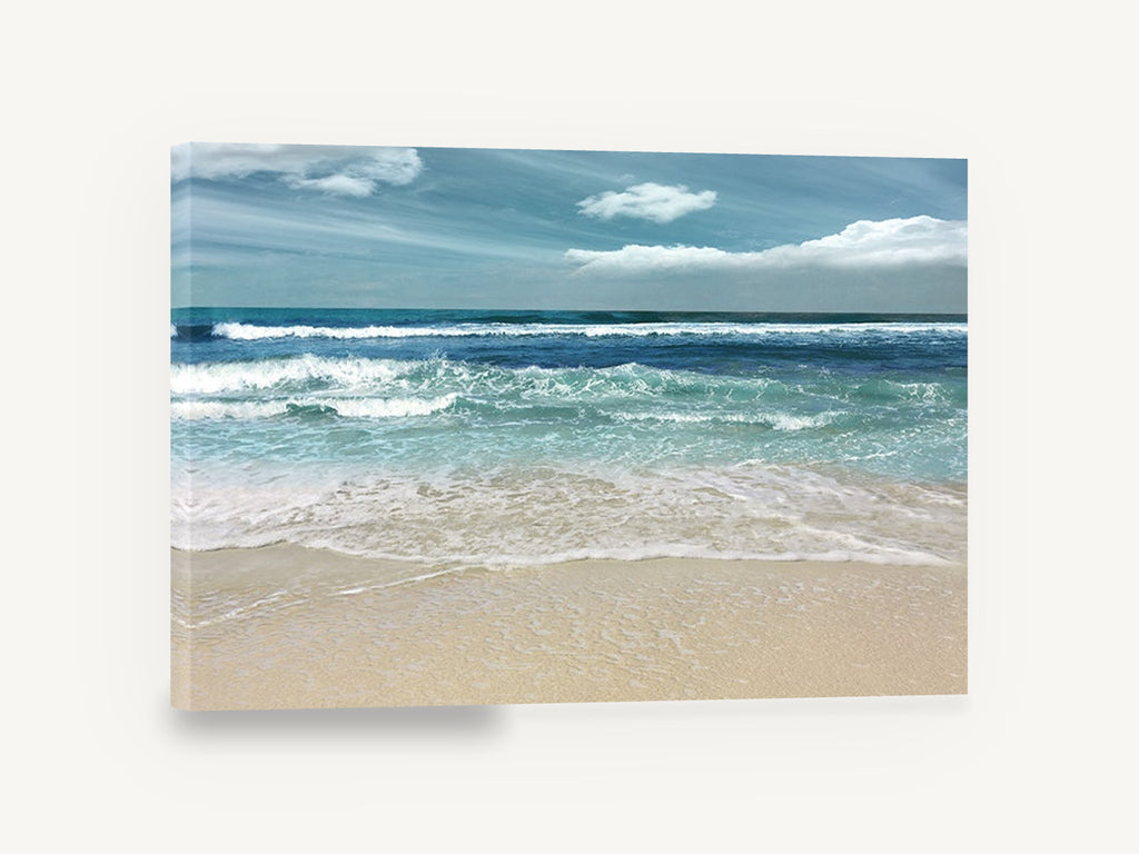 Teal Shore Break, turquoise ocean waves beach photograph, coastal canvas wall art print ready to hang