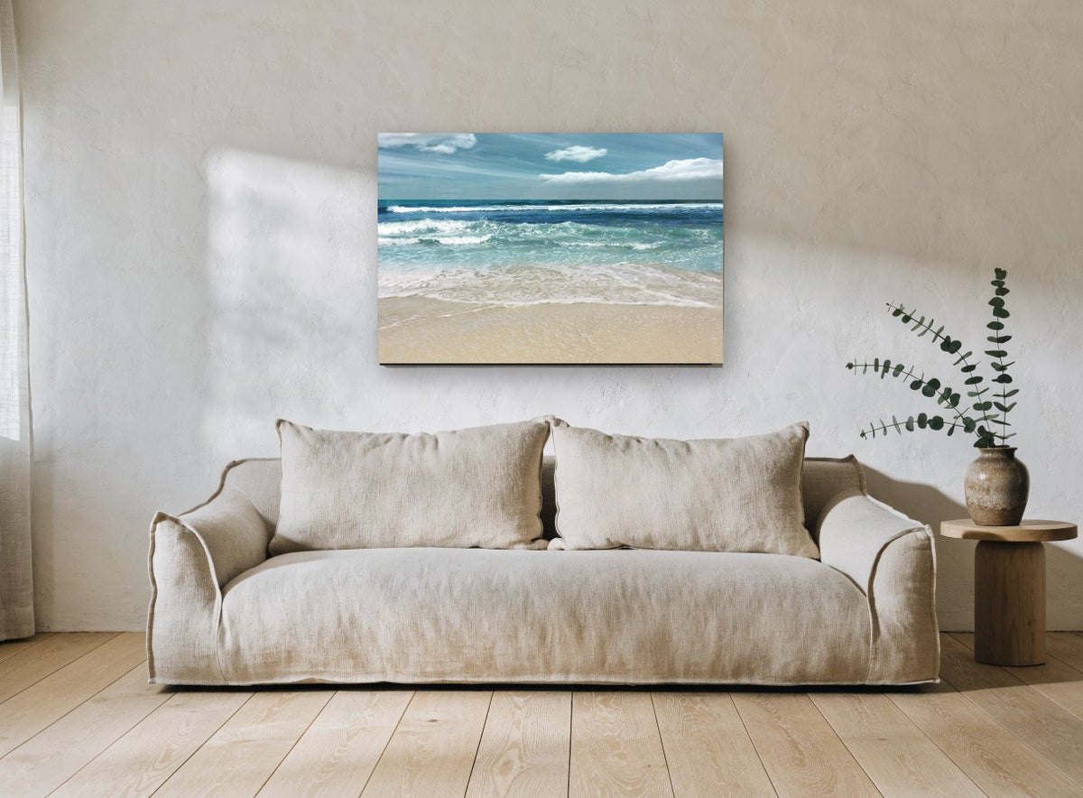 Teal Shore Break coastal canvas print on the wall of a living room