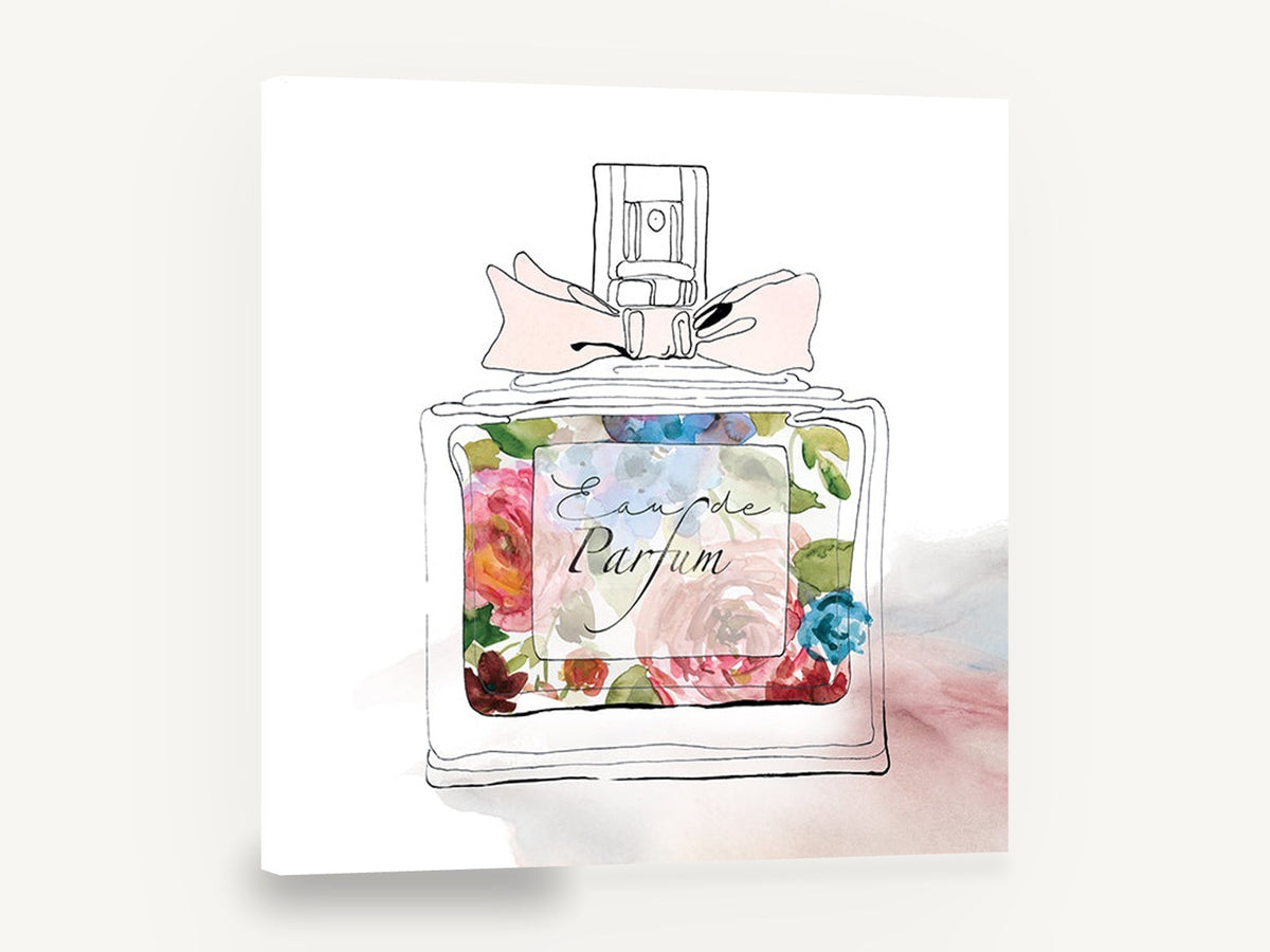 Blooming Perfume Bottle, floral perfume bottle watercolour illustration, floral canvas wall art print ready to hang