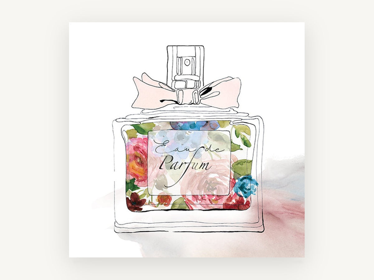 Blooming Perfume Bottle, floral canvas wall art print, front view