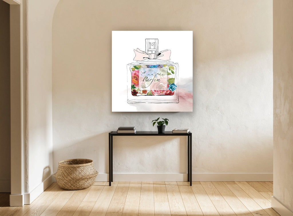 Blooming Perfume Bottle floral canvas print on the wall of a hallway