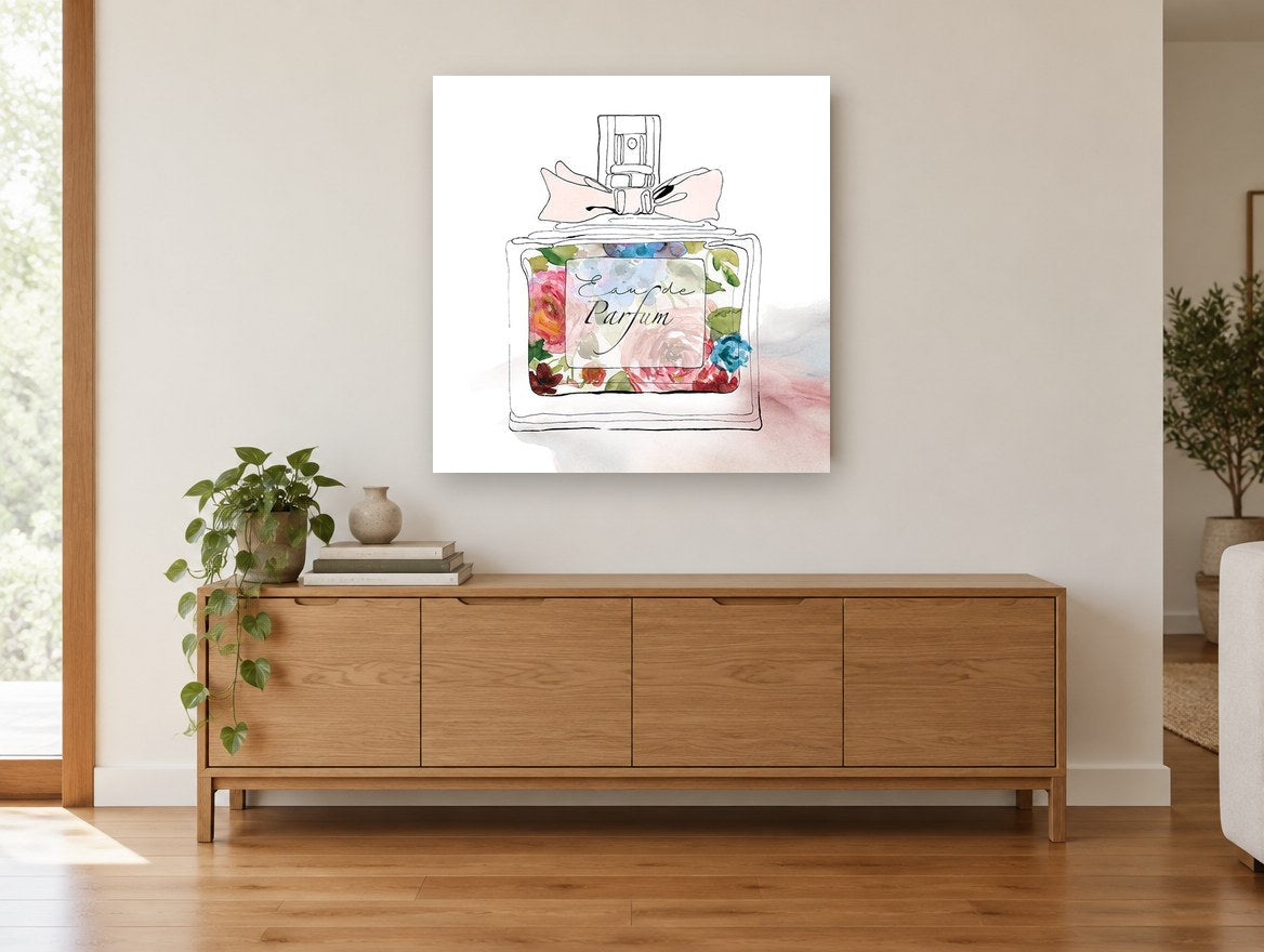 Blooming Perfume Bottle floral canvas print on the wall of a living room above a sideboard