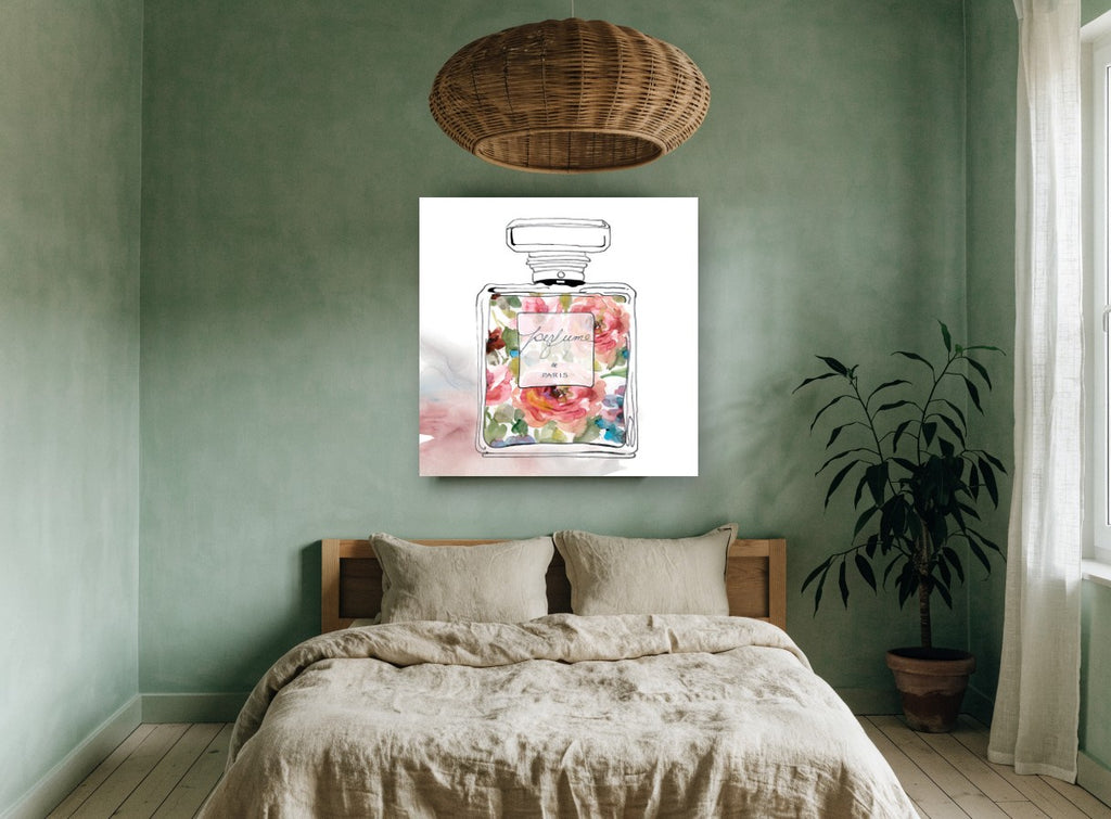 Floral Perfume Flacon floral canvas print on the wall of a bedroom