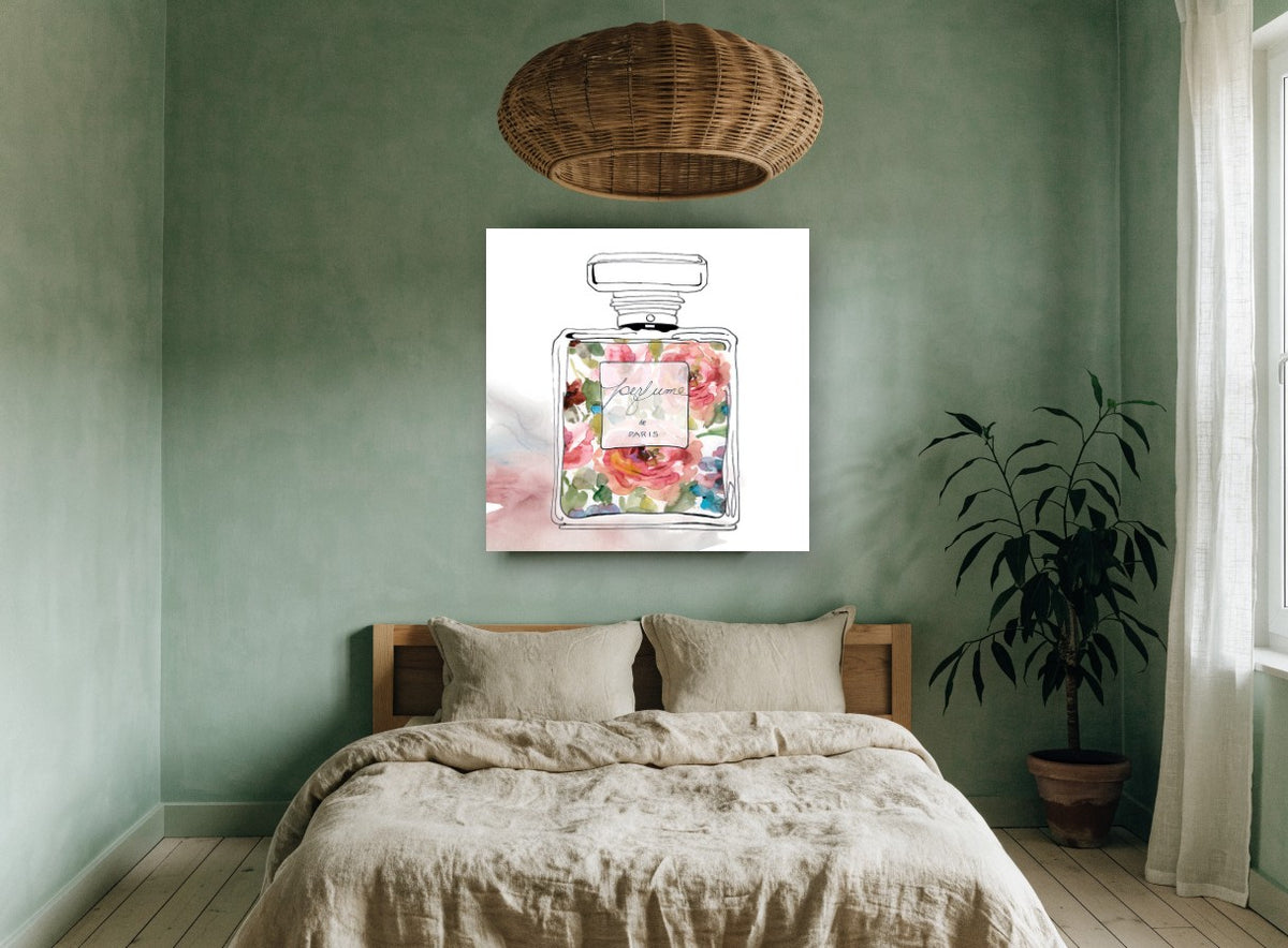 Floral Perfume Flacon floral canvas print on the wall of a bedroom