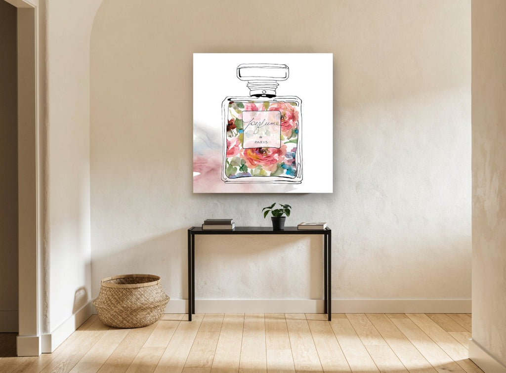 Floral Perfume Flacon floral canvas print on the wall of a hallway