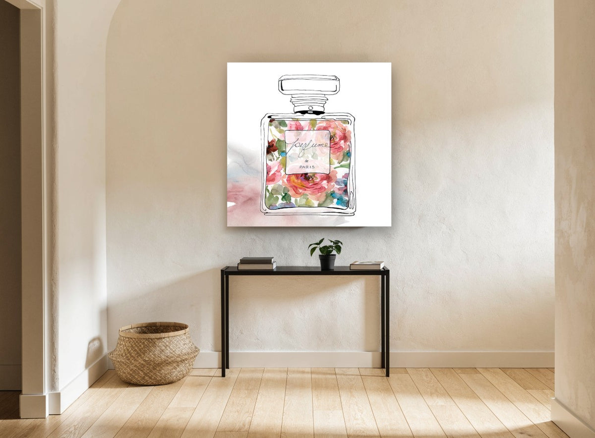 Floral Perfume Flacon floral canvas print on the wall of a hallway