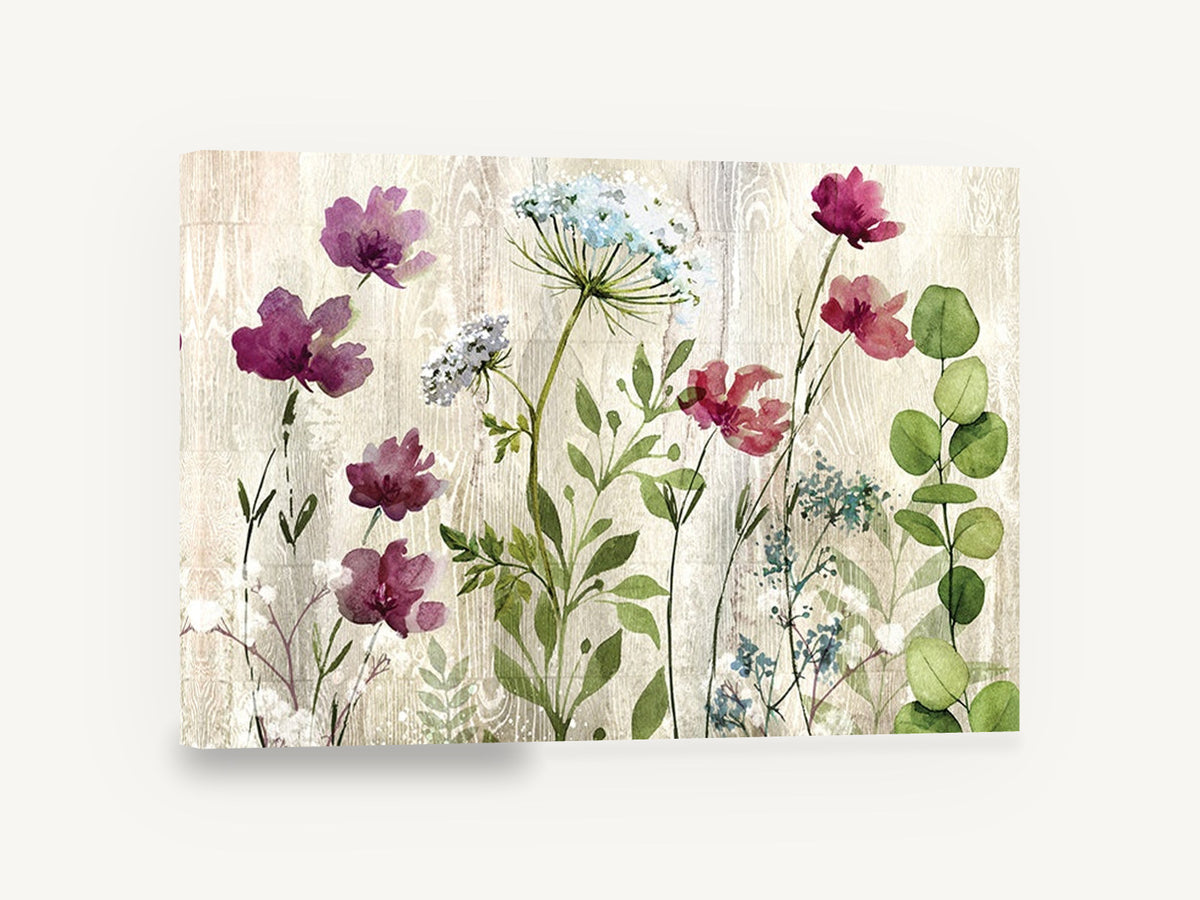 Meadow Blooms on Timber, wildflower meadow watercolour on wood, floral canvas wall art print ready to hang