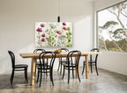 Meadow Blooms on Timber floral canvas print on the wall of a dining room