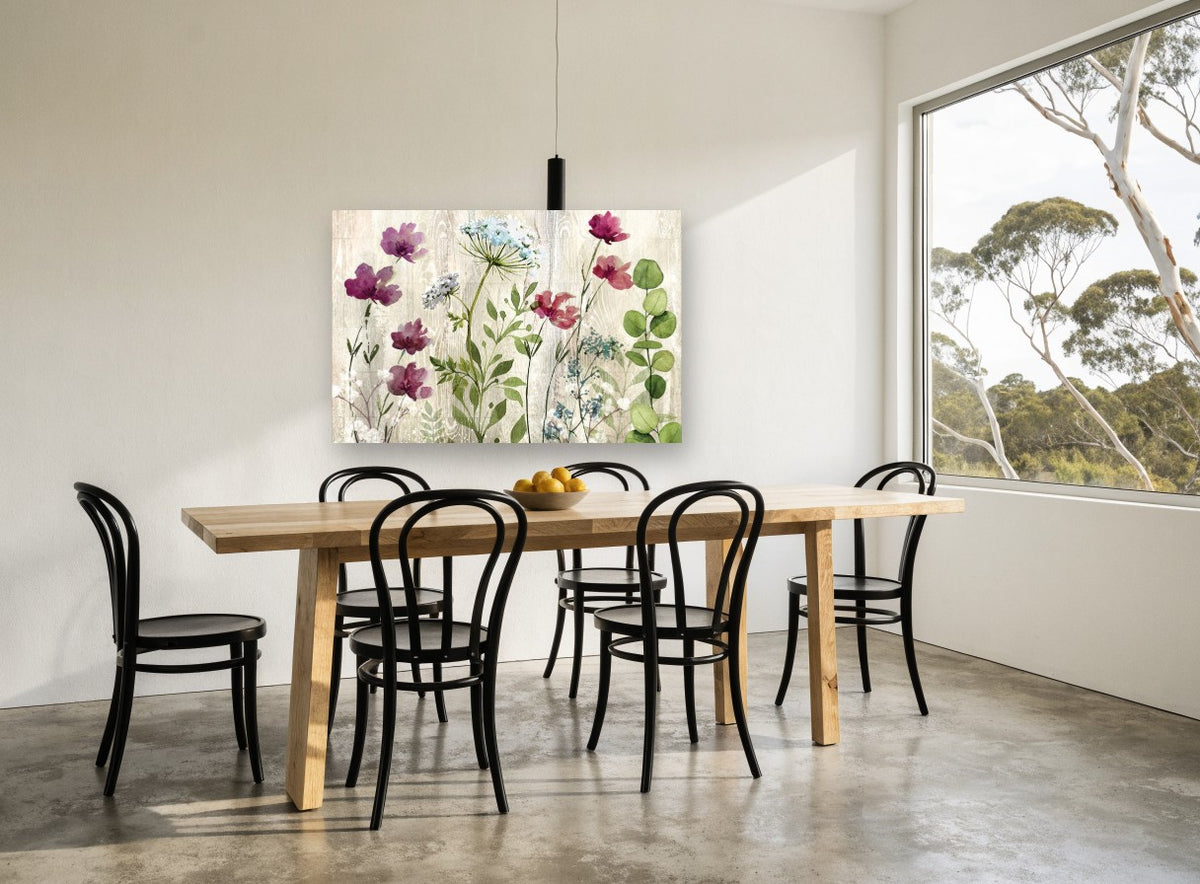 Meadow Blooms on Timber floral canvas print on the wall of a dining room