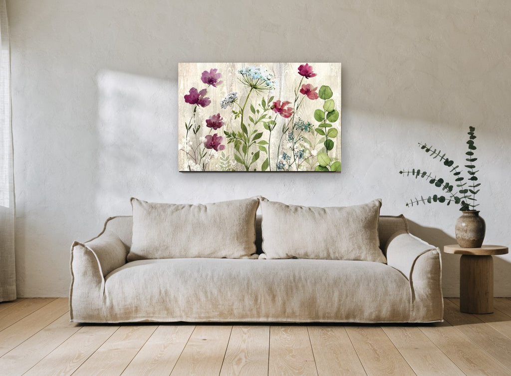 Meadow Blooms on Timber floral canvas print on the wall of a living room